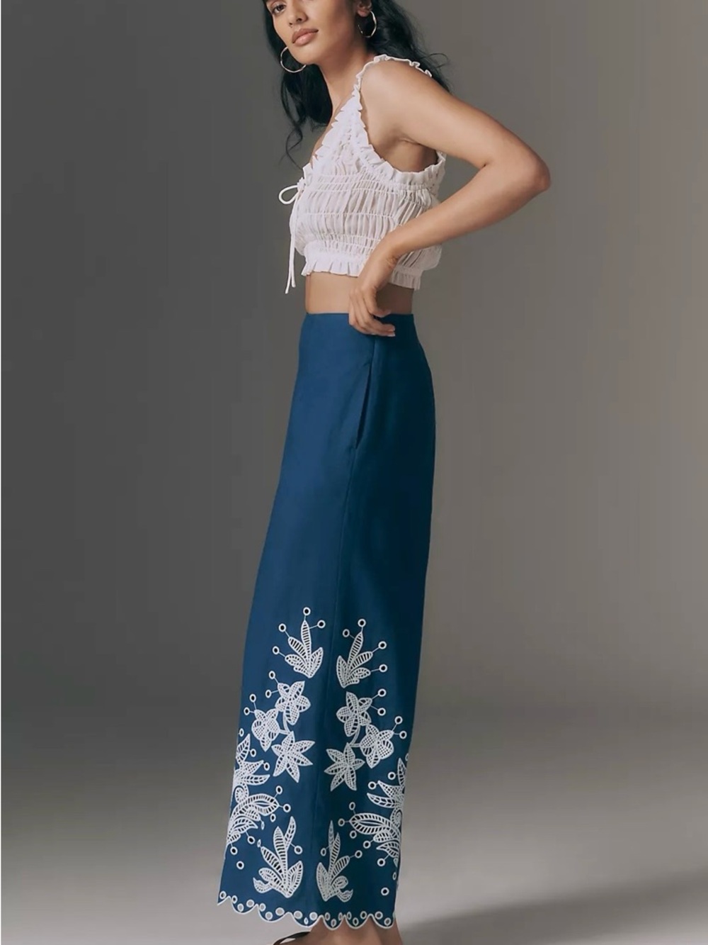 FARM Rio x Anthropologie Blue Embroidered Wide-Leg Pants Size Medium NWT - Picture 2 of 15